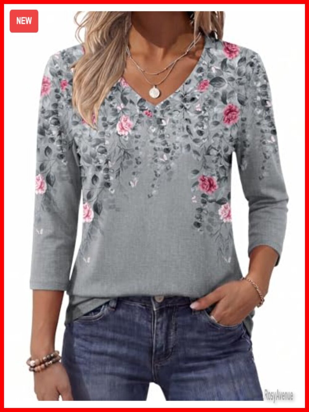 Women's Floral Tunic Top 3/4 Sleeve V-Neck Blouse Polyester Spandex Casual